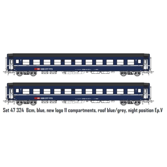L.S. Models 47324 - 2er Set SBB Liegewagen RIC Bcm blau Ep.V Nachtposition