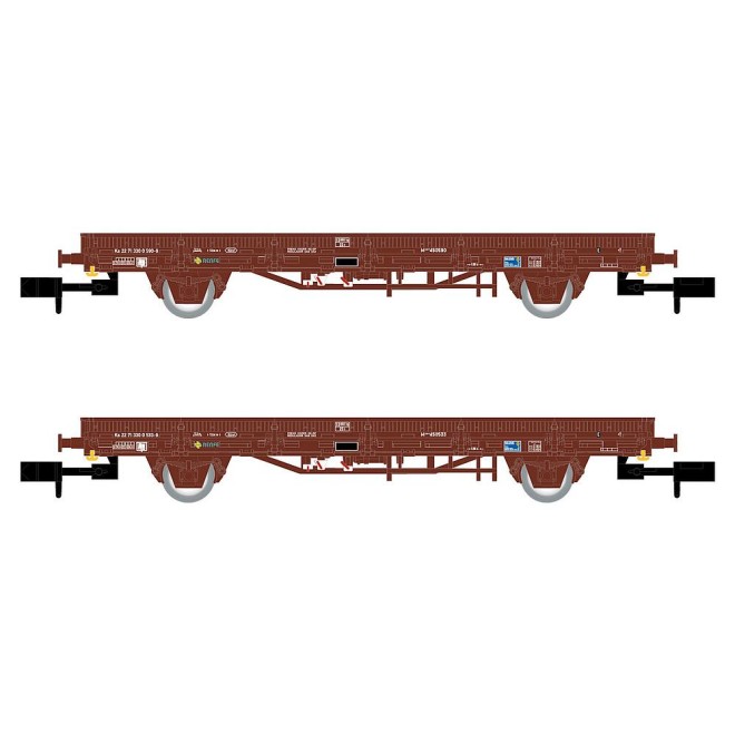 Arnold HN6581 - RENFE, 2-tlg. Set 2-achs. Flachwagen Ks, Braun, beladen mit Tabacalera-Tabaksäcken