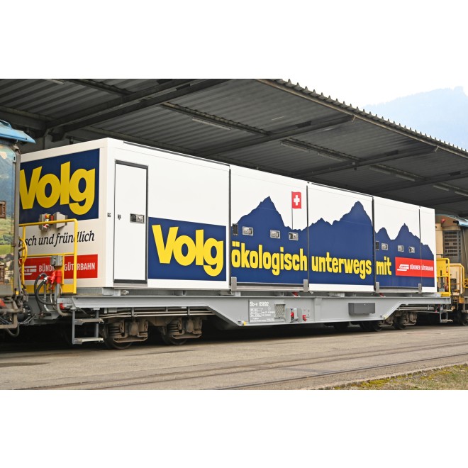 Bemo H0m 2292103 - RhB Sb-v 65693 mit Klimacontainer "Volg"