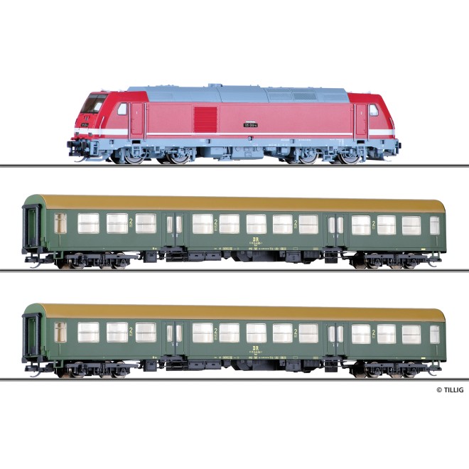 Tillig 01504 - Einsteiger-Set: Reisezug der DR, bestehend aus Diesellokomotive „TRAXX“ und zwei Reisezugwagen 2. Klasse