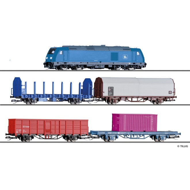 Tillig 01507 - Einsteiger-Set: Internationaler Güterzug, bestehend aus Diesellokomotive „TRAXX“, je einem Rungenwagen Laps, Haubenwagen Kils, offenen Güterwagen Fbs und Containertragwagen Lgs