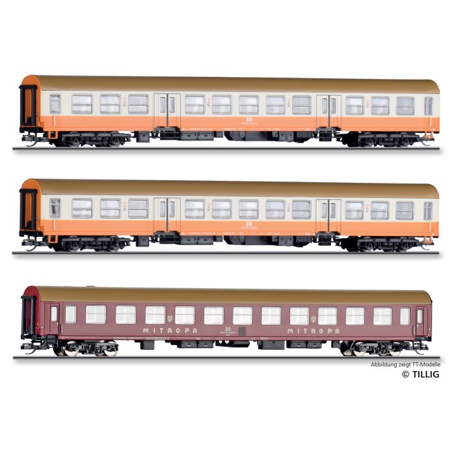 Tillig 70062 - Reisezugwagenset „Museums-Städteexpress Erfurter Bahnservice GmbH“ Teil 2, bestehend aus zwei Reisezugwagen Bmh, und einem Liegewagen 2. Klasse