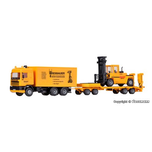 Kibri 13580 - H0 DAF Zugmaschine mit Tiefladeanhänger und Stapler