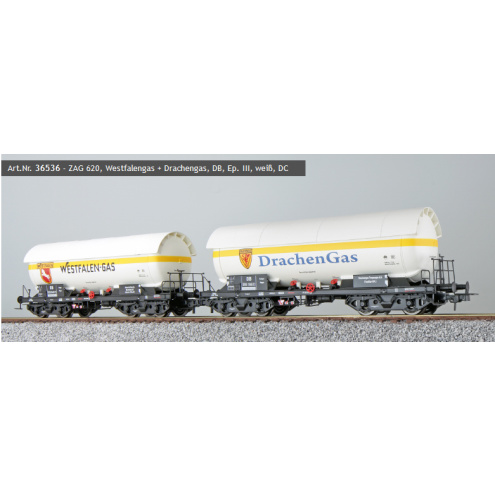 ESU 36536 - Gas-Kesselwagen Set H0, ZAG 620, Westfalengas 525 846 + Drachengas 559 166, DB Ep. III, weiß, DC