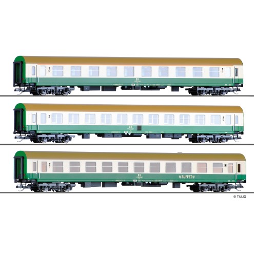Tillig 01124 - Reisezugwagenset der DR, bestehend aus einem Reisezugwagen 1. Klasse, einem Reisezugwagen 1./2. Klasse und einem Reisezugwagen 2. Klasse mit Buffetabteil