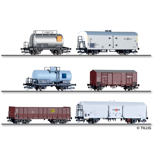 Tillig 01137 - Güterzugset „80 Jahre Nenngröße TT“, bestehend aus je einem Kesselwagen Udh, Kühlwagen Ichqrs, Kesselwagen Z, gedeckten Güterwagen Ghkkms,offenen Güterwagen Eals und Kühlwagen Ibbhss