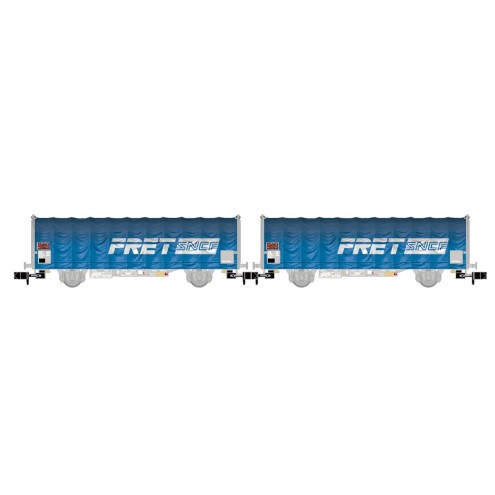Arnold HN6696 - SNCF, 2-tlg. Set zweiachsiger Schiebeplanenwagen der Bauart K70 Kils, Blau, FRET