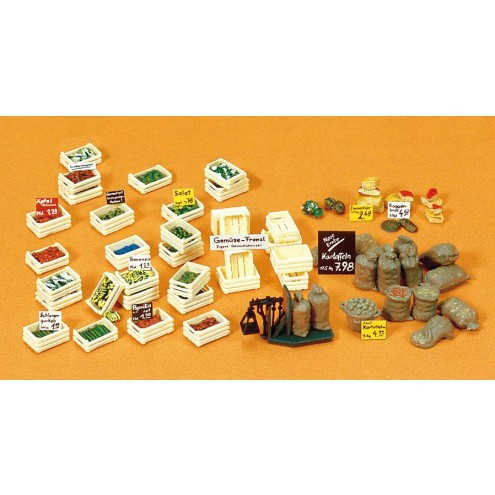 Preiser 17501 - Obst-und Gemüsesteigen, Säcke und Zubehör, unbemalt